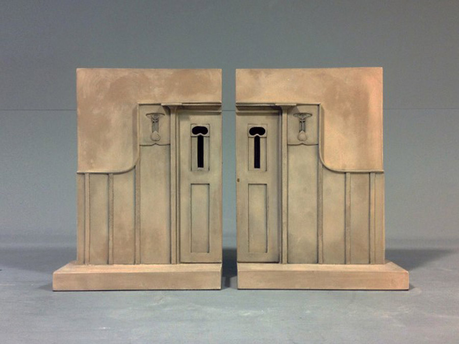 Purchase The Charles Rennie Mackintosh Queens Cross Church Doorway in Glasgow Scotland, Mirrored Pair of Bookends, handmade in plaster by Timothy Richards.