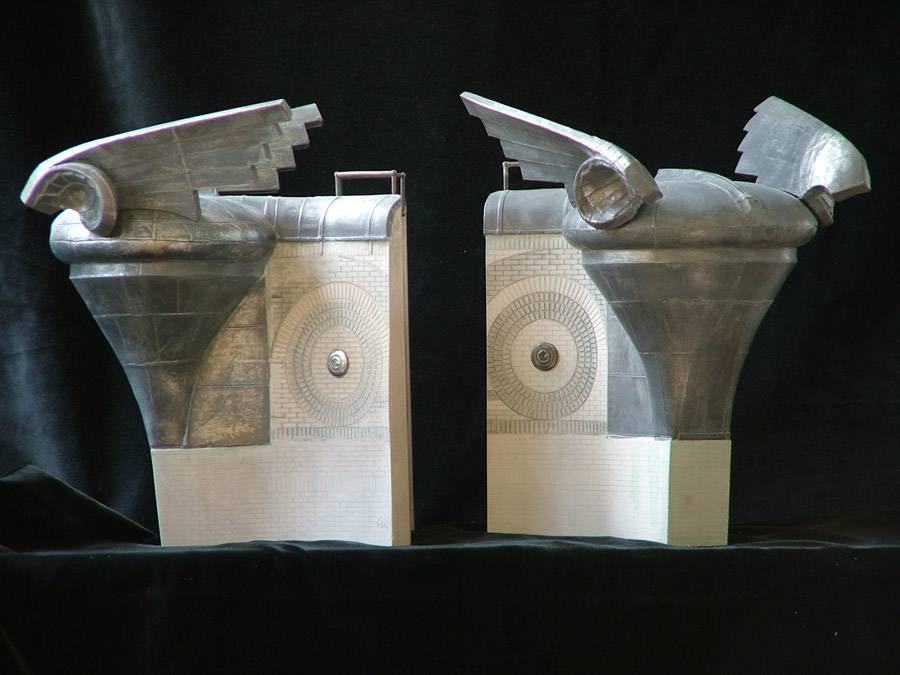 Purchase Radiator Cap Chrysler Building, New York, USA, Mirrored Pair of Bookends, handmade in plaster by Timothy Richards.